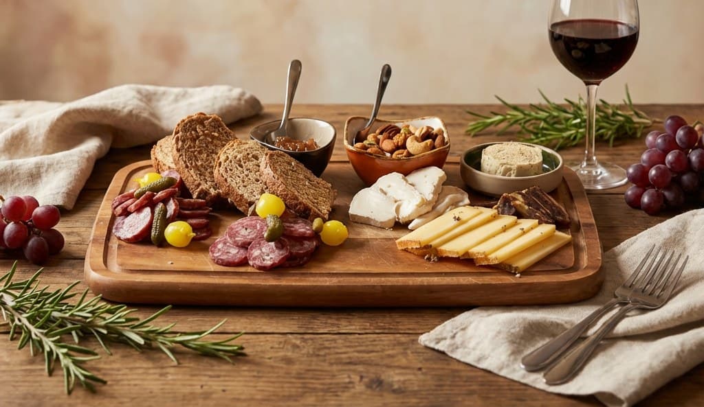 Borrelplank met kaas, charcuterie en een glas wijn bij De Tafelaar