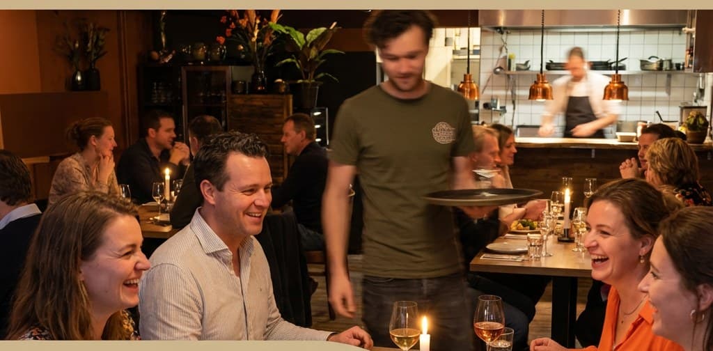 Gasten aan tafel en het team in de bediening bij De Tafelaar