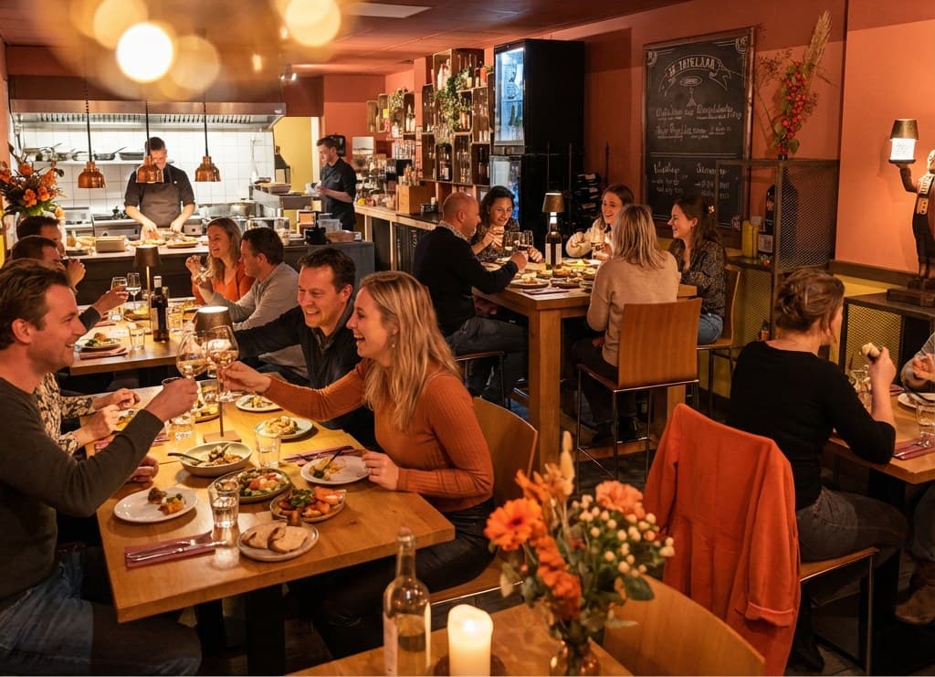 De volle huiskamer van De Tafelaar met de open keuken achterin